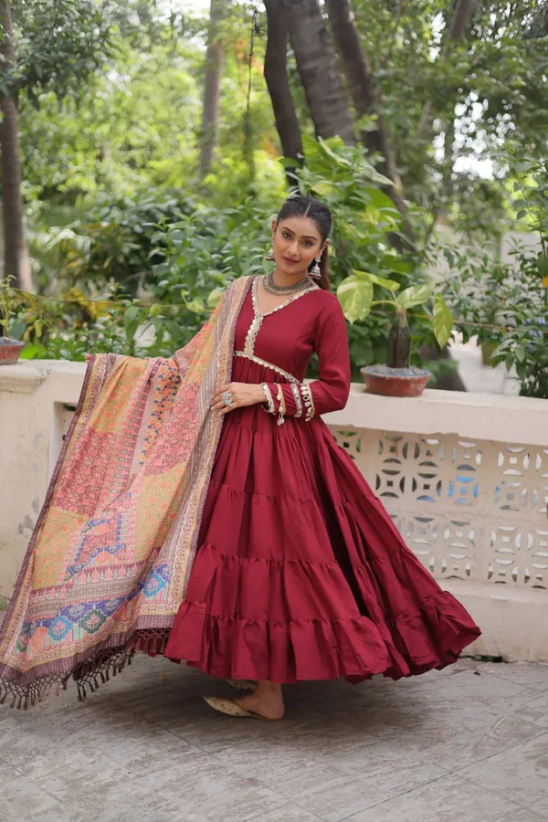 Maroon_Roman_Silk_Readymade_Gown_With_Designer_Printed_Border_Dupatta_Default_Title