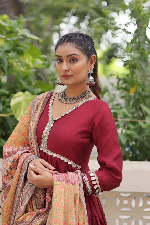 Maroon_Roman_Silk_Readymade_Gown_With_Designer_Printed_Border_Dupatta_Default_Title