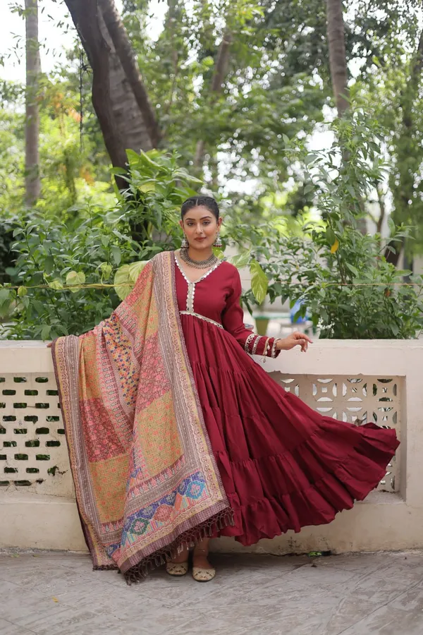 Maroon_Roman_Silk_Readymade_Gown_With_Designer_Printed_Border_Dupatta_Default_Title