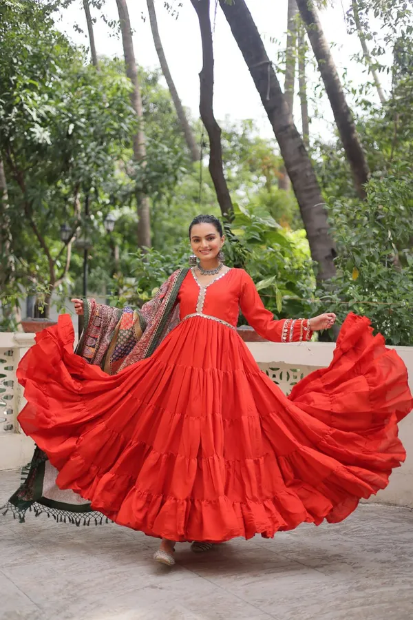 Orange_Roman_Silk_Readymade_Gown_With_Designer_Printed_Green_Border_Dupatta_Default_Title