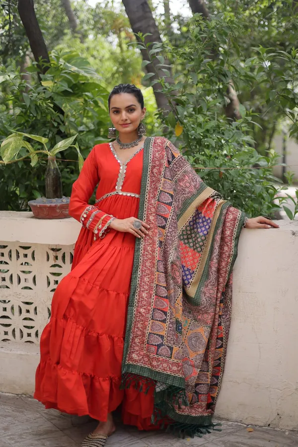 Orange_Roman_Silk_Readymade_Gown_With_Designer_Printed_Green_Border_Dupatta_Default_Title