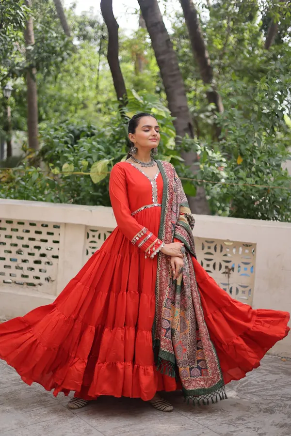 Orange_Roman_Silk_Readymade_Gown_With_Designer_Printed_Green_Border_Dupatta_Default_Title