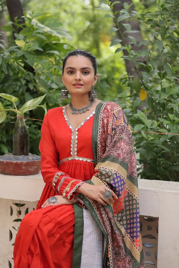 Orange_Roman_Silk_Readymade_Gown_With_Designer_Printed_Green_Border_Dupatta_Default_Title