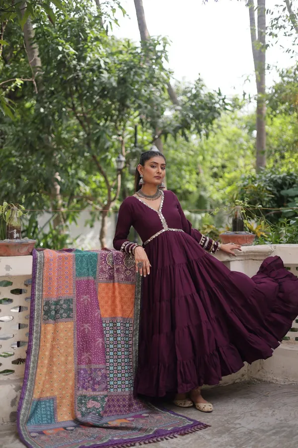 Wine_Purple_Roman_Silk_Readymade_Gown_With_Designer_Printed_Purple_Border_Dupatta_Default_Title