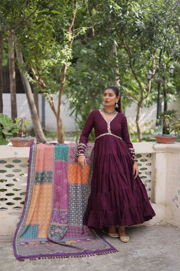 Wine_Purple_Roman_Silk_Readymade_Gown_With_Designer_Printed_Purple_Border_Dupatta_Default_Title