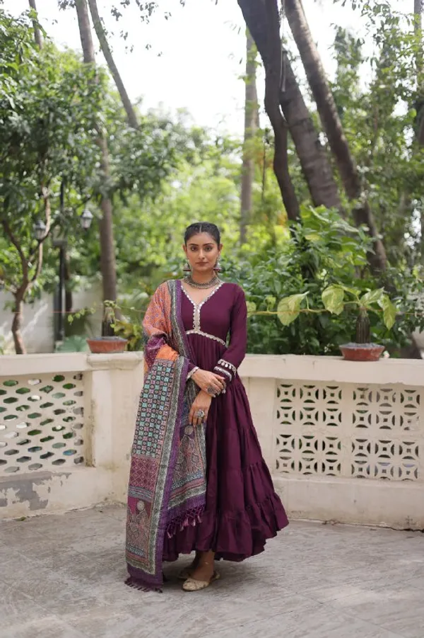 Wine_Purple_Roman_Silk_Readymade_Gown_With_Designer_Printed_Purple_Border_Dupatta_Default_Title