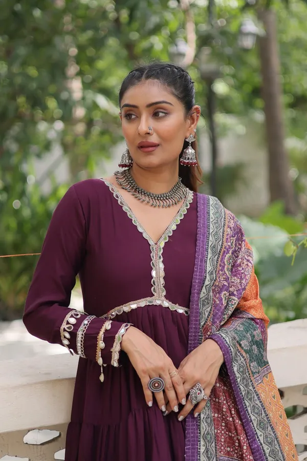 Wine_Purple_Roman_Silk_Readymade_Gown_With_Designer_Printed_Purple_Border_Dupatta_Default_Title