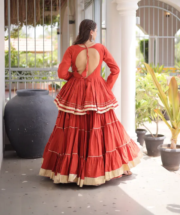 Rust_Orange_Cora_Cotton_Designer_Gown_With_Gota_Patti_Golden_Lace_Border_Default_Title