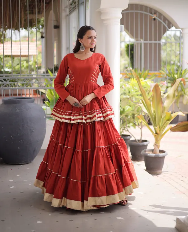 Rust_Orange_Cora_Cotton_Designer_Gown_With_Gota_Patti_Golden_Lace_Border_Default_Title