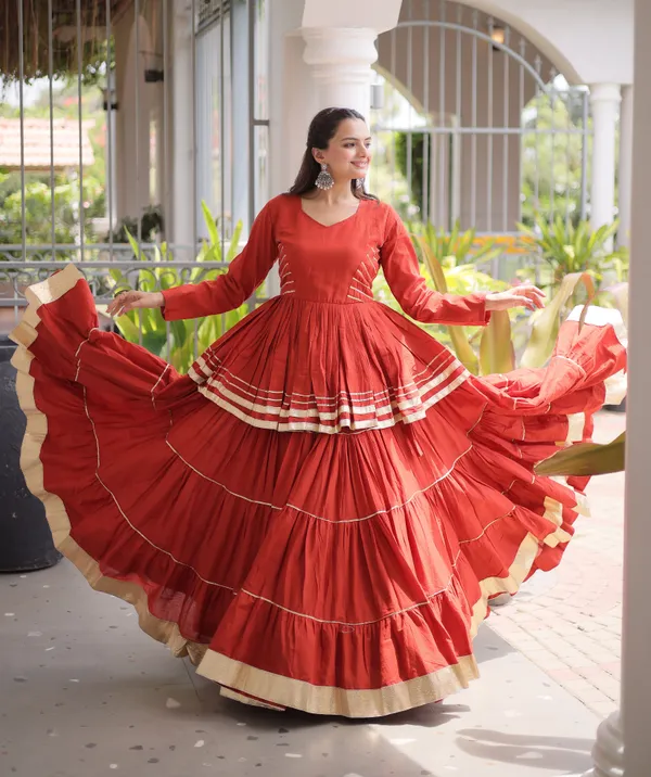 Rust_Orange_Cora_Cotton_Designer_Gown_With_Gota_Patti_Golden_Lace_Border_Default_Title