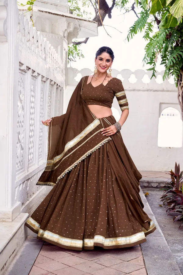 Chocolate_Brown_Pure_Chanderi_Lehenga_Choli_With_Golden_Zari_Border_Default_Title