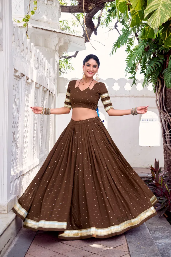 Chocolate_Brown_Pure_Chanderi_Lehenga_Choli_With_Golden_Zari_Border_Default_Title