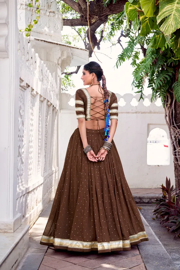 Chocolate_Brown_Pure_Chanderi_Lehenga_Choli_With_Golden_Zari_Border_Default_Title