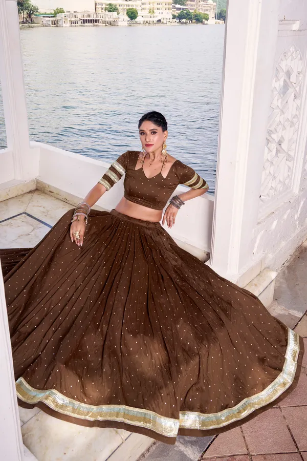 Chocolate_Brown_Pure_Chanderi_Lehenga_Choli_With_Golden_Zari_Border_Default_Title