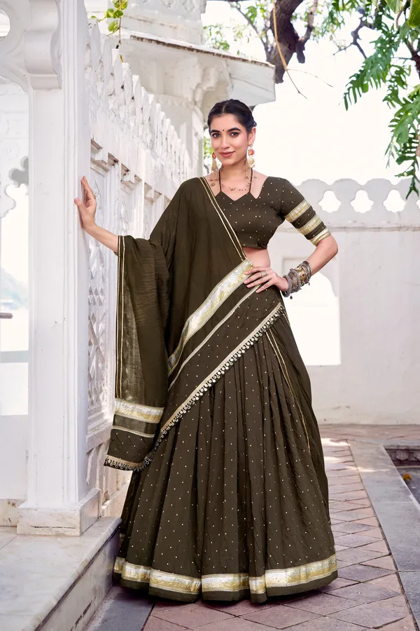Olive_Green_Pure_Chanderi_Lehenga_Choli_With_Golden_Zari_Border_Default_Title