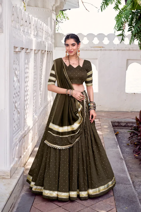 Olive_Green_Pure_Chanderi_Lehenga_Choli_With_Golden_Zari_Border_Default_Title