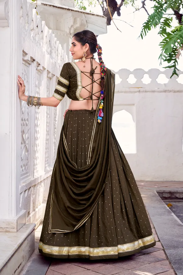 Olive_Green_Pure_Chanderi_Lehenga_Choli_With_Golden_Zari_Border_Default_Title