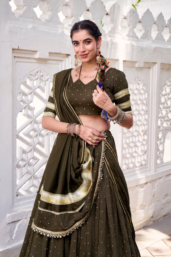 Olive_Green_Pure_Chanderi_Lehenga_Choli_With_Golden_Zari_Border_Default_Title