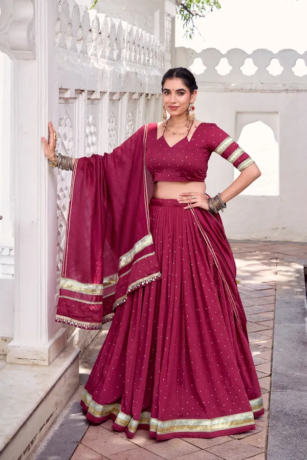 Wine_Pure_Chanderi_Lehenga_Choli_With_Golden_Zari_Border_Default_Title