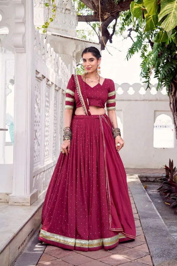 Wine_Pure_Chanderi_Lehenga_Choli_With_Golden_Zari_Border_Default_Title