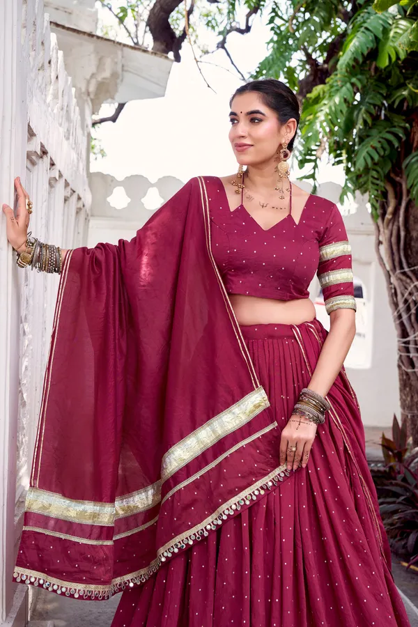Wine_Pure_Chanderi_Lehenga_Choli_With_Golden_Zari_Border_Default_Title