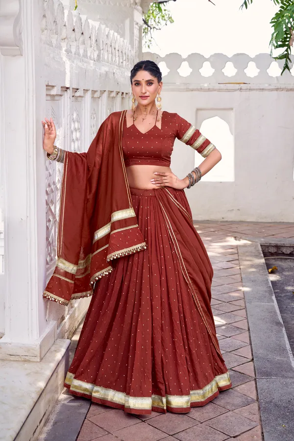 Rust_Brown_Pure_Chanderi_Lehenga_Choli_With_Golden_Zari_Border_Default_Title