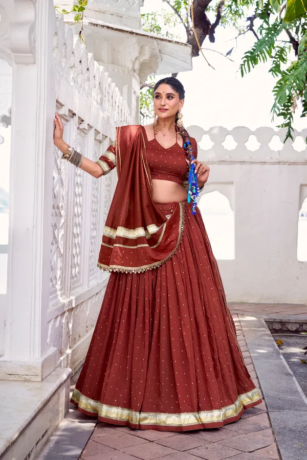 Rust_Brown_Pure_Chanderi_Lehenga_Choli_With_Golden_Zari_Border_Default_Title