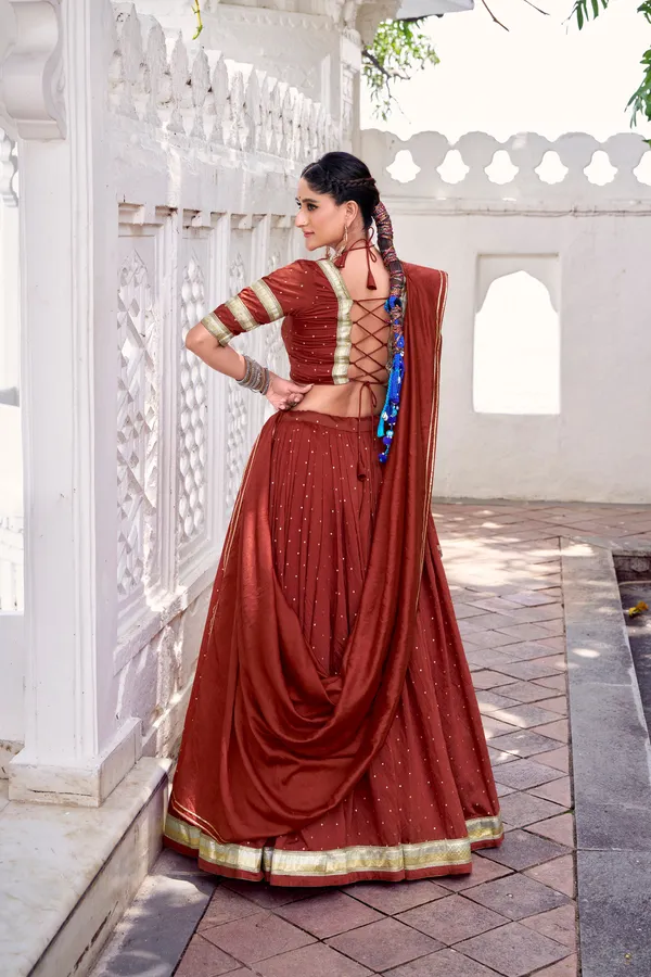 Rust_Brown_Pure_Chanderi_Lehenga_Choli_With_Golden_Zari_Border_Default_Title