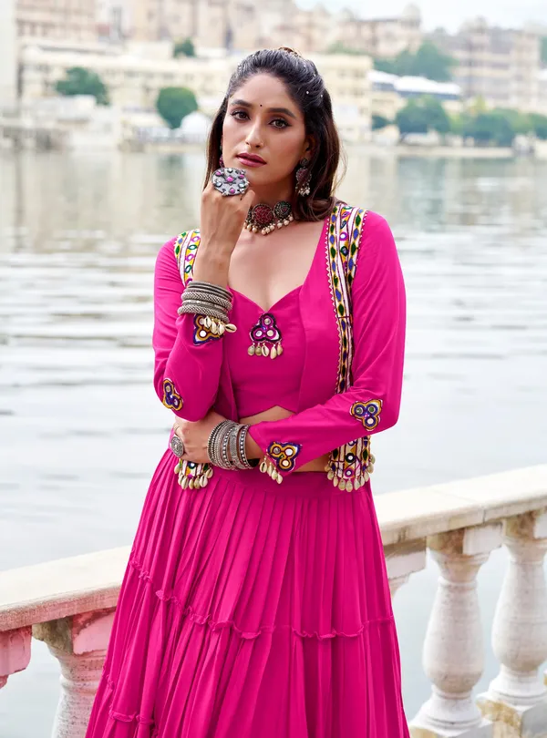 Hot_Pink_Navratri_Lehenga_Choli_With_Multicolor_Embroidered_Jacket_Default_Title