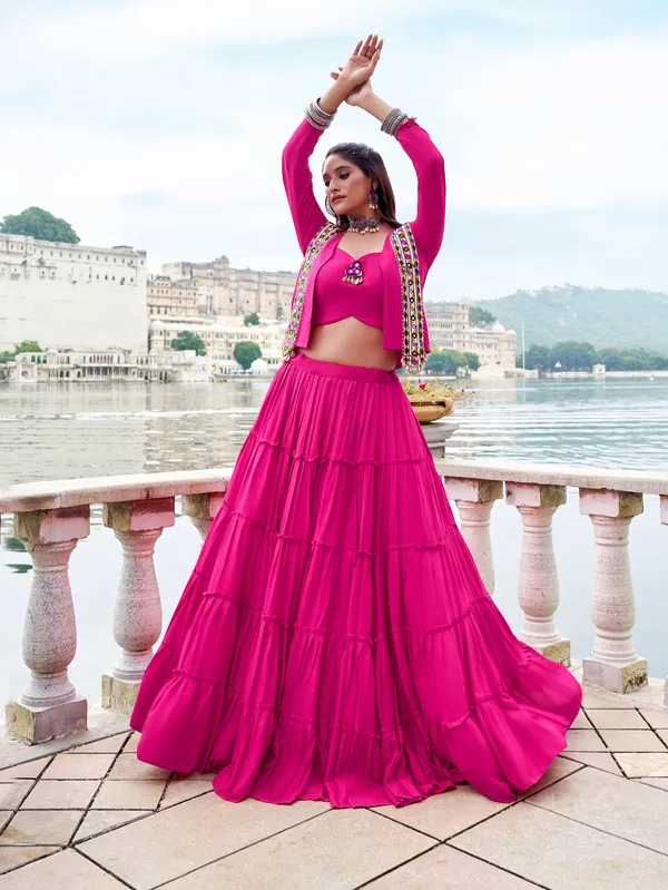 Hot_Pink_Navratri_Lehenga_Choli_With_Multicolor_Embroidered_Jacket_Default_Title