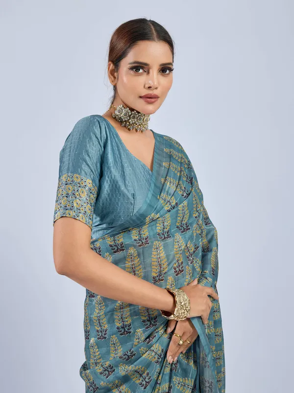Sky_Blue_Chiffon_Party_Wear_Saree_With_Elegant_Printed_Border_Default_Title