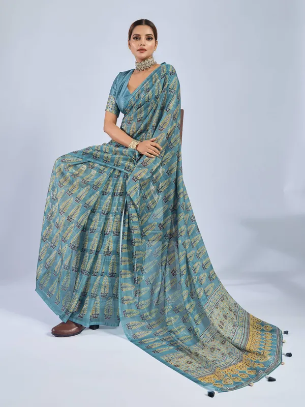 Sky_Blue_Chiffon_Party_Wear_Saree_With_Elegant_Printed_Border_Default_Title