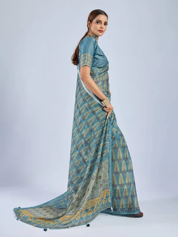 Sky_Blue_Chiffon_Party_Wear_Saree_With_Elegant_Printed_Border_Default_Title