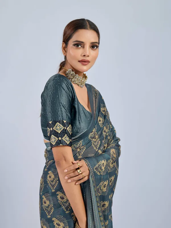 Steel_Blue_Chiffon_Party_Wear_Saree_With_Traditional_Printed_Border_Default_Title