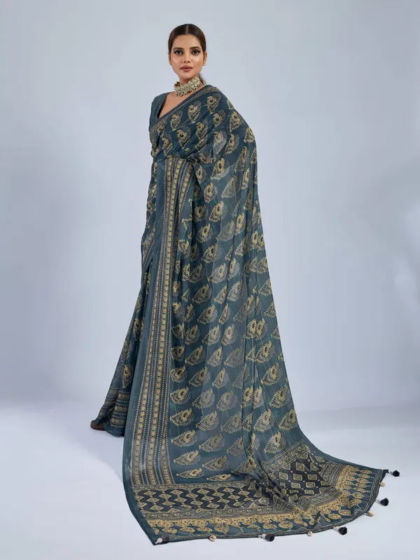 Steel_Blue_Chiffon_Party_Wear_Saree_With_Traditional_Printed_Border_Default_Title