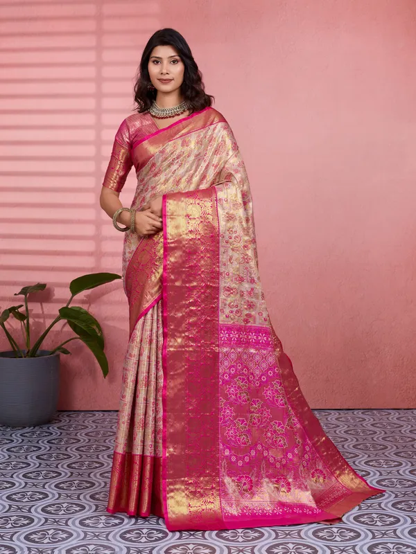 Cream_Rani_Pink_Kanchipuram_Silk_Saree_With_Rich_Zari_Border_Default_Title