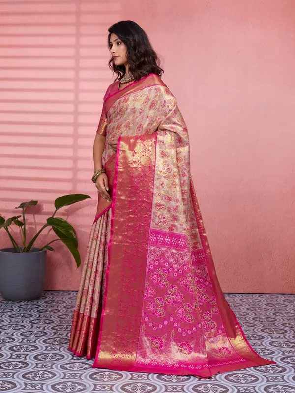 Cream_Rani_Pink_Kanchipuram_Silk_Saree_With_Rich_Zari_Border_Default_Title