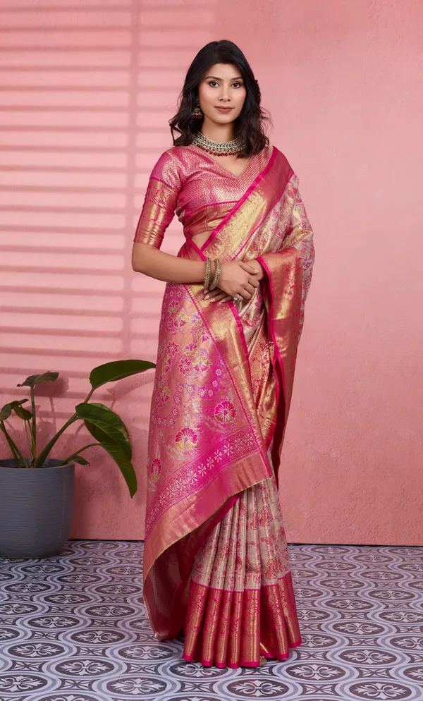 Cream_Rani_Pink_Kanchipuram_Silk_Saree_With_Rich_Zari_Border_Default_Title