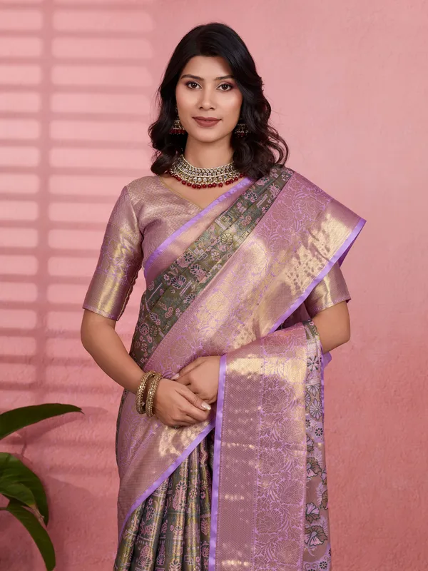 Olive_Green_Lavender_Kanchipuram_Silk_Saree_With_Rich_Zari_Border_Default_Title