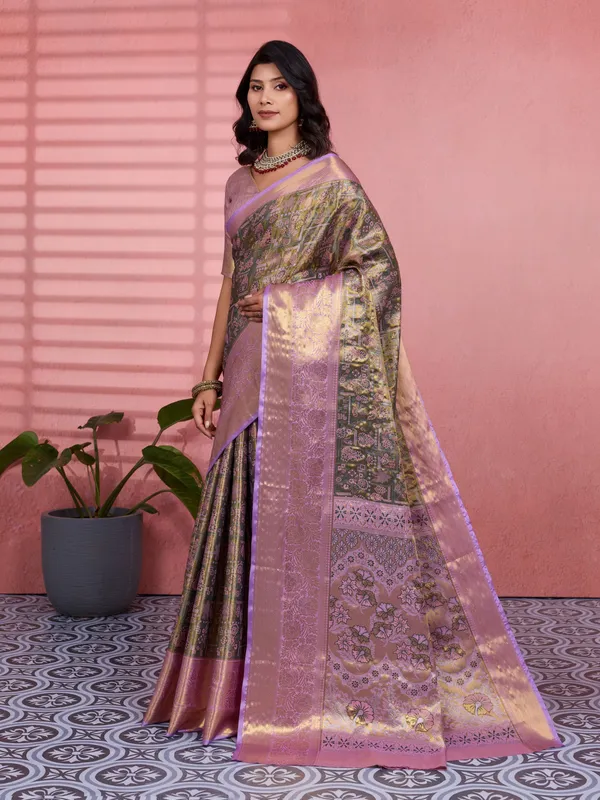 Olive_Green_Lavender_Kanchipuram_Silk_Saree_With_Rich_Zari_Border_Default_Title