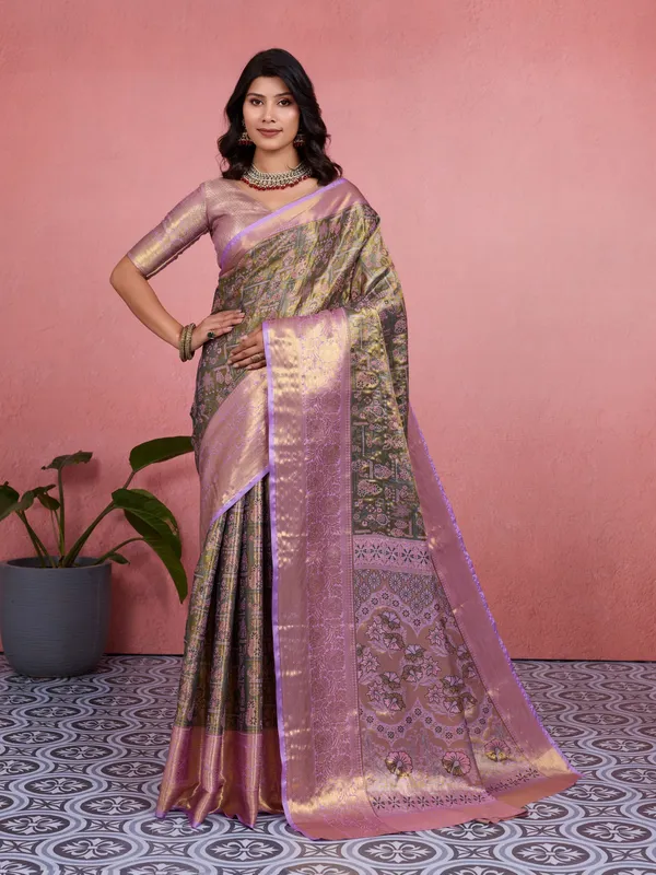 Olive_Green_Lavender_Kanchipuram_Silk_Saree_With_Rich_Zari_Border_Default_Title