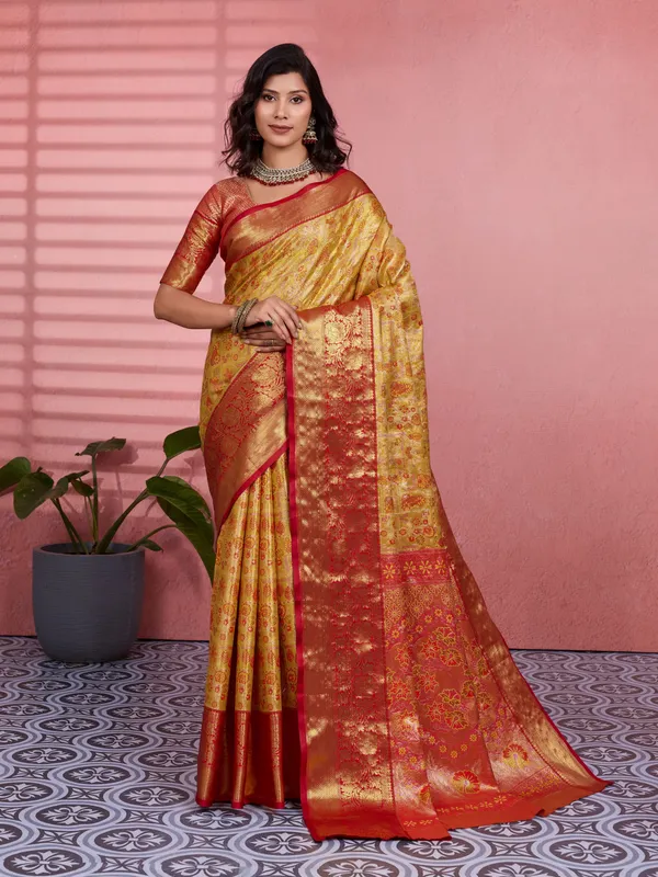 Mustard_Yellow_Deep_Red_Kanchipuram_Silk_Saree_With_Rich_Zari_Border_Default_Title