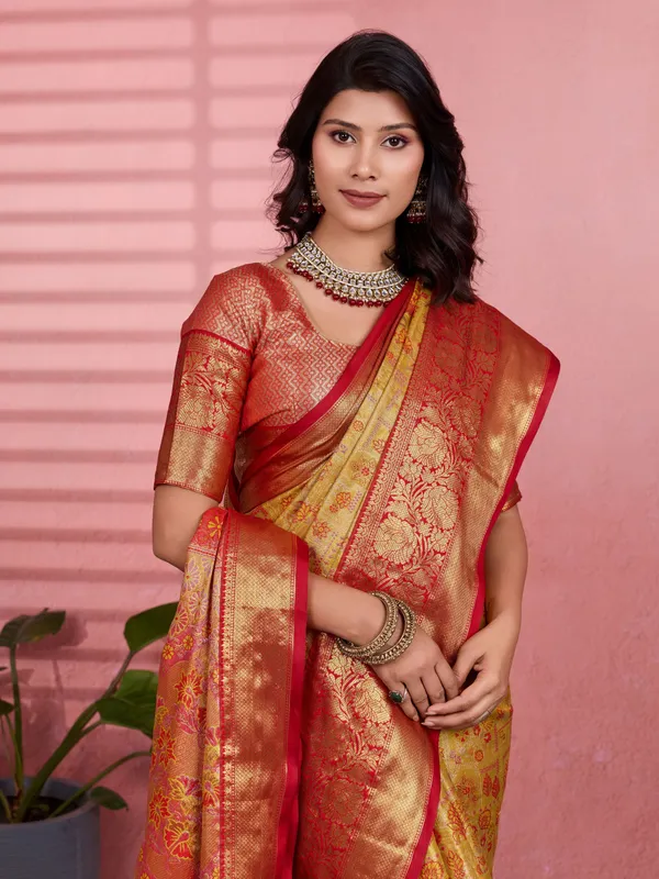 Mustard_Yellow_Deep_Red_Kanchipuram_Silk_Saree_With_Rich_Zari_Border_Default_Title