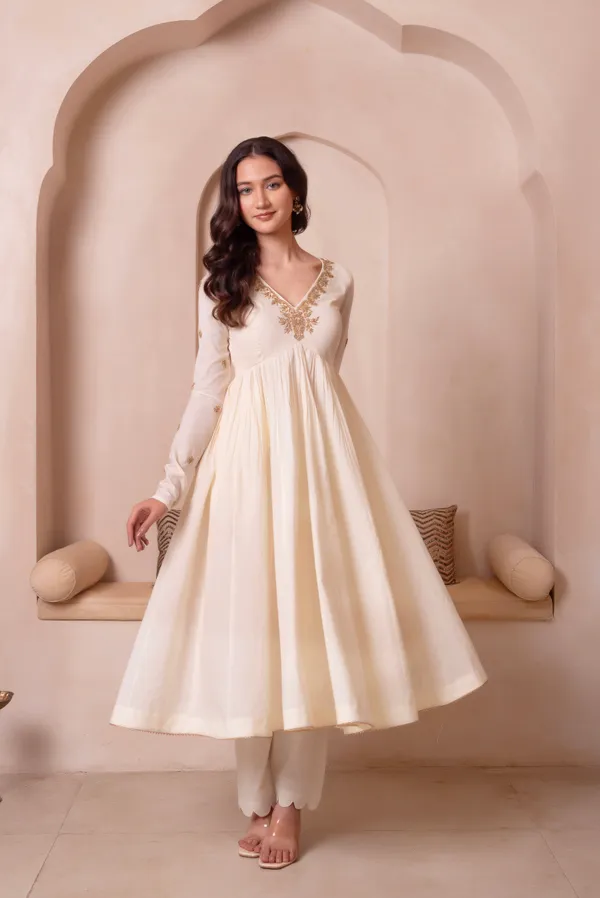 Off_White_Premium_Cotton_Anarkali_Suit_With_Gold_Embroidered_Border