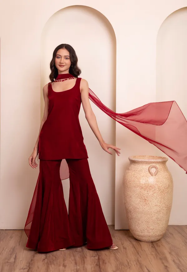 Wine_Red_Velvet_Designer_Suit_With_Plain_Border_Dupatta