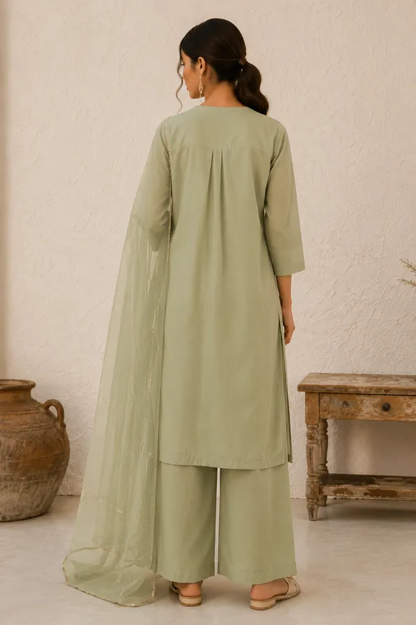 Sage_Green_Cotton_Straight_Suit_Set_With_Organza_Dupatta