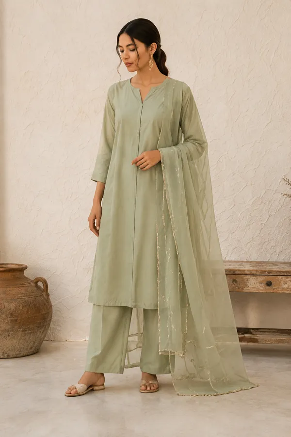 Sage_Green_Cotton_Straight_Suit_Set_With_Organza_Dupatta
