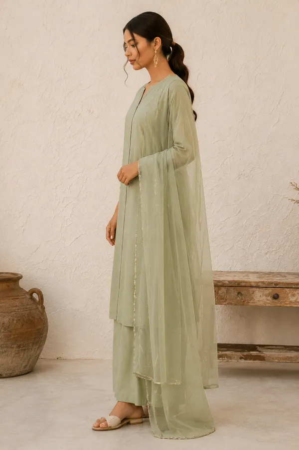 Sage_Green_Cotton_Straight_Suit_Set_With_Organza_Dupatta