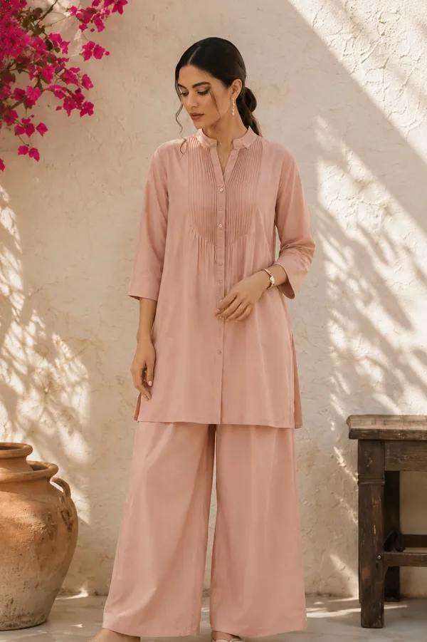 Ethnivo_Dusty_Pink_Cotton_Co_Ord_Set_With_Pleated_Front_Detail