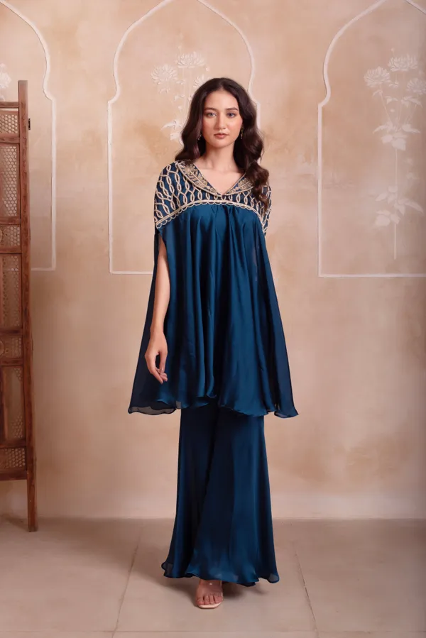 Ethnivo_Navy_Blue_Satin_Cape_Suit_With_Golden_Embroidered_Border